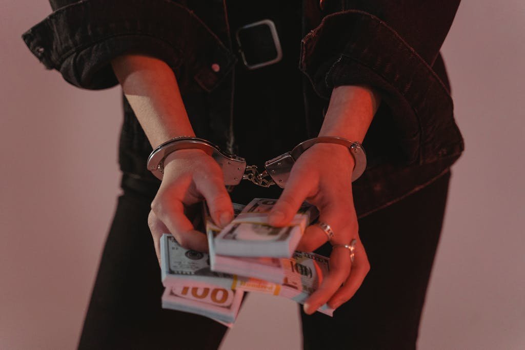 Close-up of hands holding cash with handcuffs, symbolizing crime and punishment.